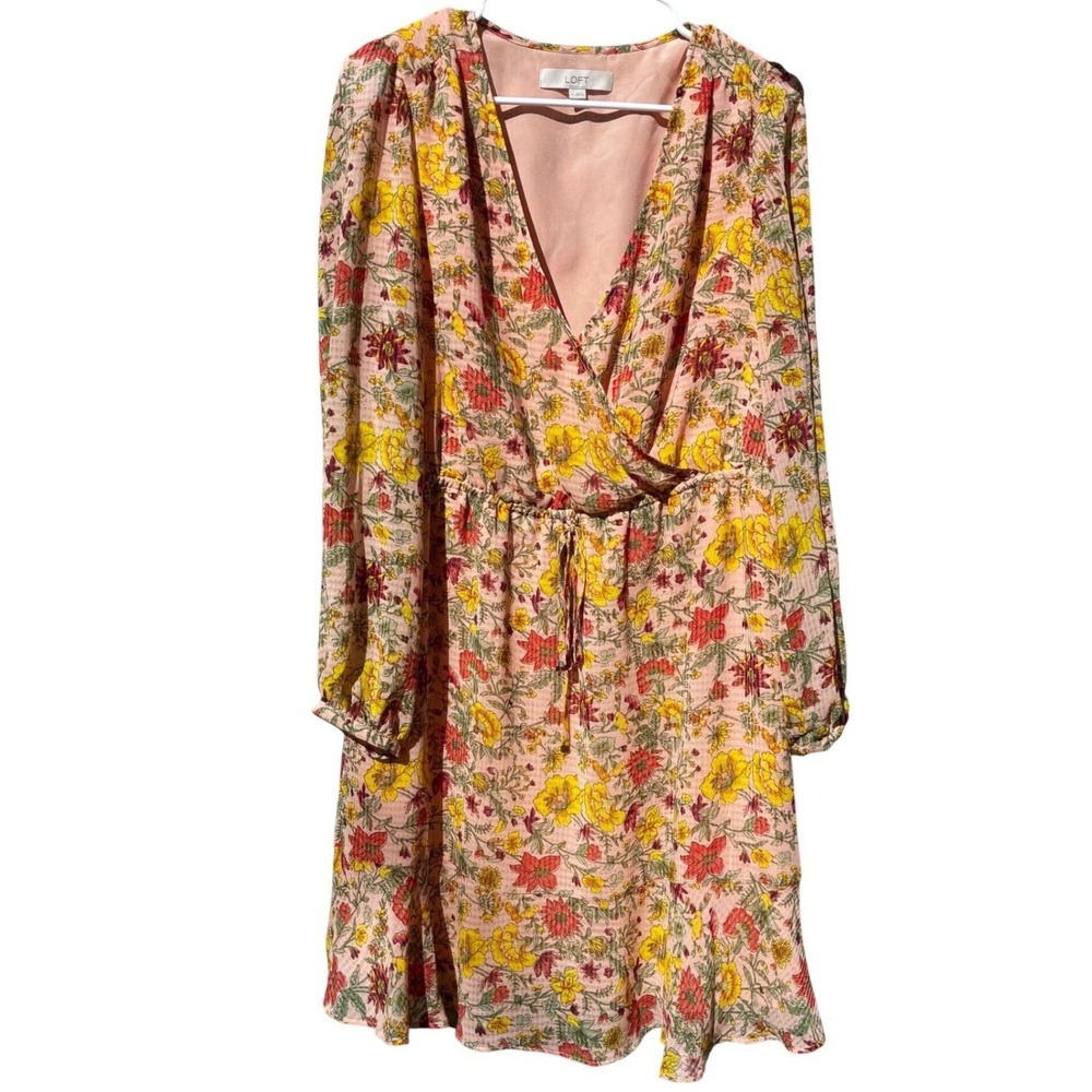 LOFT Floral Dress Pink Yellow Boho V Neck Long Sleeve Drawstring Waist Mini Sz M